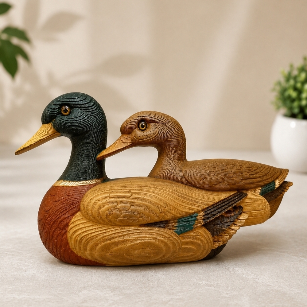 Hand-Painted Wooden Duck Pair - Green, Brown, Gold Accents